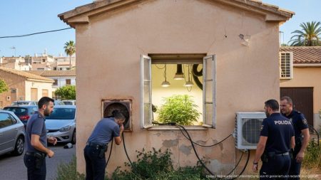Polizei stellt große Marihuana-Plantage in Palma sicher Polizeieinsatz bei der Entdeckung einer großen Marihuana-Plantage in einem verlassenen Haus in Palma mit versteckten Wachstumslichtern hinter einem Fenster