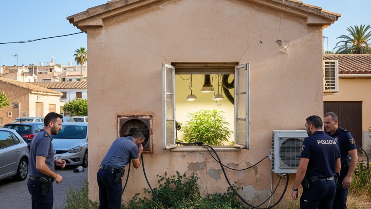 Polizeieinsatz bei der Entdeckung einer großen Marihuana-Plantage in einem verlassenen Haus in Palma mit versteckten Wachstumslichtern hinter einem Fenster