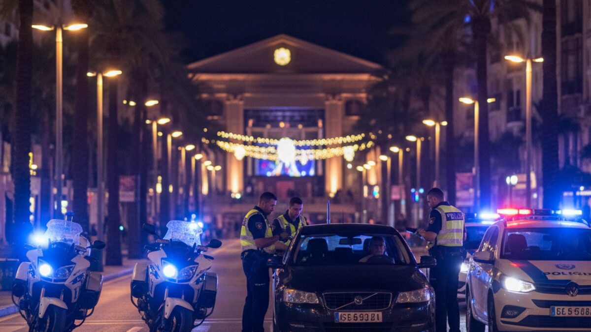 Polizeibeamte kontrollieren bei Nacht Fahrzeuge während einer Anti-Drogen-Operation am Playa de Palma