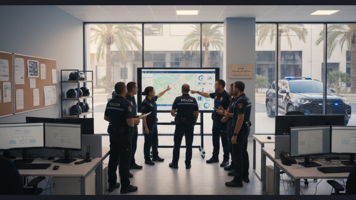 Polizeibeamte in Ausbildung in einem modernen Polizeirevier in Palma mit Dienstfahrzeug im Hintergrund, symbolisch für Reform und Jubiläumsfeier