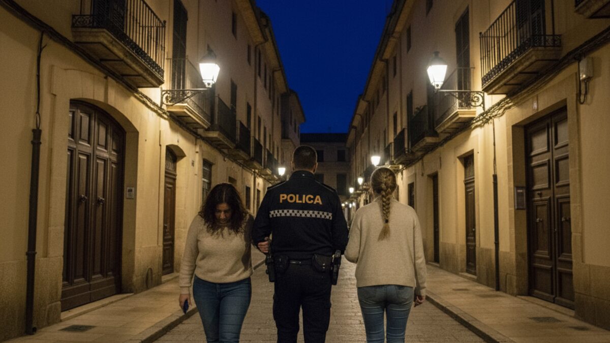 Polizeibeamter führt bei Nacht zwei Frauen in Palma in Gewahrsam auf einer ruhigen Straße