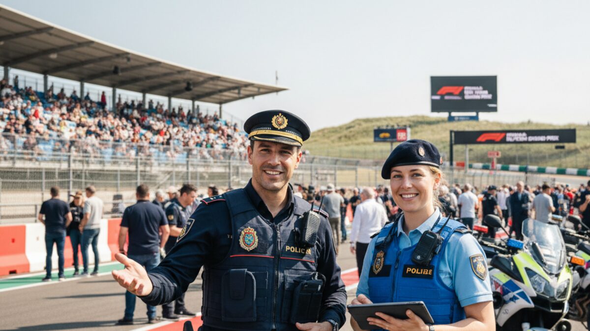 Zwei Polizisten aus Spanien und den Niederlanden bei einem gemeinsamen Einsatz während des Formel-1-Rennens in Zandvoort, symbolisch für internationale Polizeikooperation.