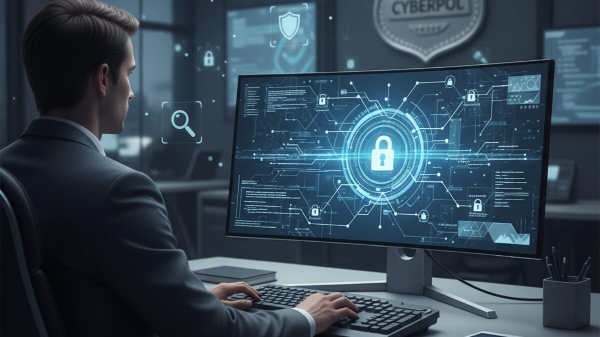 Symbolische Darstellung einer Cyberkriminalitätsuntersuchung gegen Kinderpornografie mit neutraler Person vor Computer und Polizei-Badge
