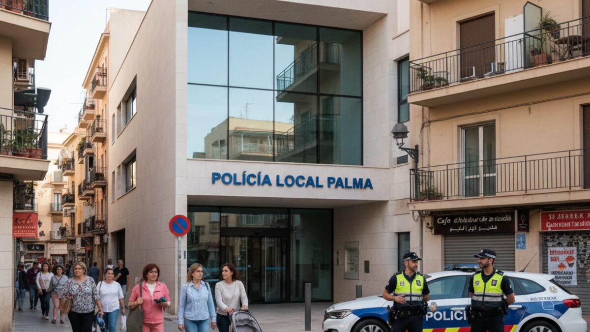 Moderne Polizeiwache der Policía Local Palma im Stadtteil Pere Garau mit zeitgenössischer Architektur und neutralen Passanten im urbanen Umfeld
