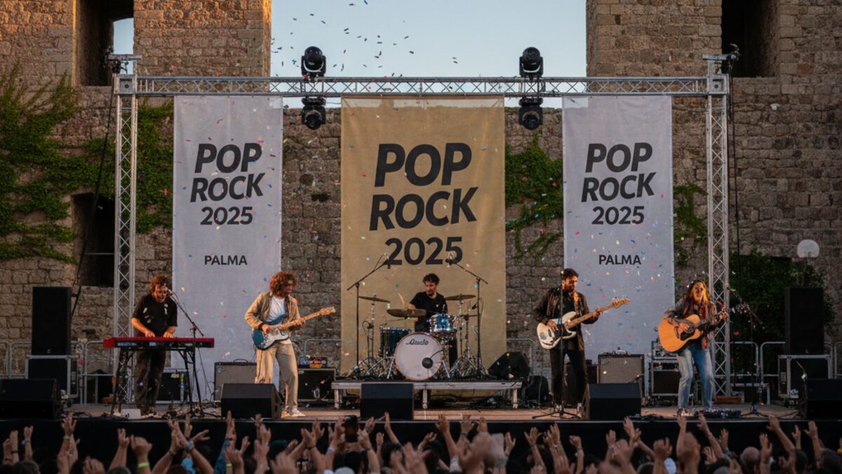 Outdoor-Bühne mit fünf Musikern bei Pop Rock 2025 Finale in Palma im Freilufttheater ses Voltes