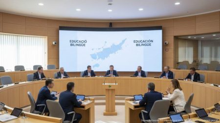 Parlamentarische Debatte auf den Balearen über Bildungssprache mit neutralen Personen, Symbolen der balearischen Flagge und zweisprachiger Bildung