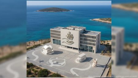 Regierungsgebäude der Balearischen Inseln mit Symbolen sozialer Hilfe und Migration im Vordergrund