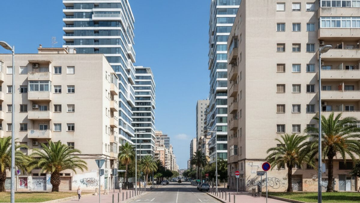 Stadtviertel Nou Llevant in Palma mit modernen Wohnanlagen und älteren Gebäuden, das soziale Herausforderungen zeigt