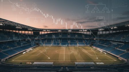 Leeres Fußballstadion von RCD Mallorca bei Sonnenuntergang mit dezenten Finanzgrafiken im Hintergrund symbolisiert interne Probleme und finanzielle Engpässe im Club