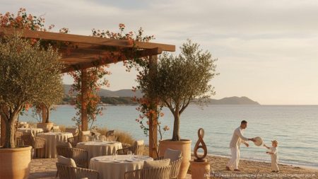 Prominente genießen die Nachsaison auf Mallorca Herbstliche mediterrane Küste Mallorcas mit entspanntem Restaurant und Familie am Strand