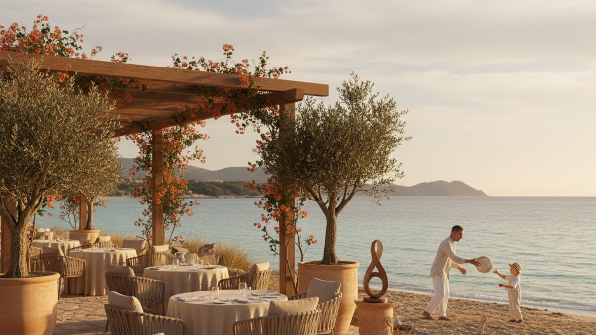 Herbstliche mediterrane Küste Mallorcas mit entspanntem Restaurant und Familie am Strand