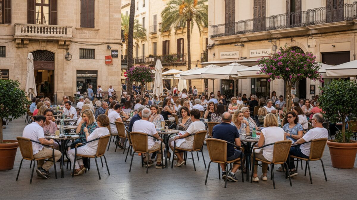 Erweiterte Terrassen mit mehr Sitzplätzen in der Plaza de la Quartera in Palma vor Wohngebäuden, Symbol für Anwohnerprotest wegen Lärm