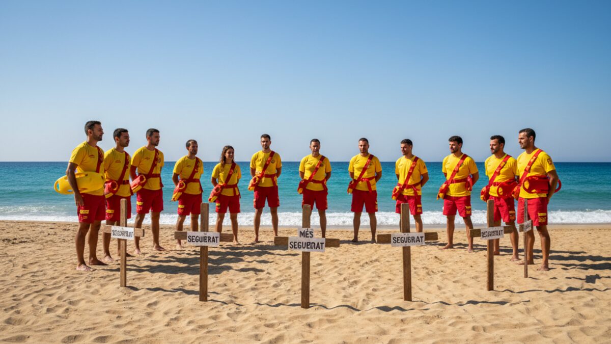 Rettungsschwimmer auf Mallorca protestieren friedlich am Strand mit symbolischen Holzkreuzen gegen Arbeitsbedingungen