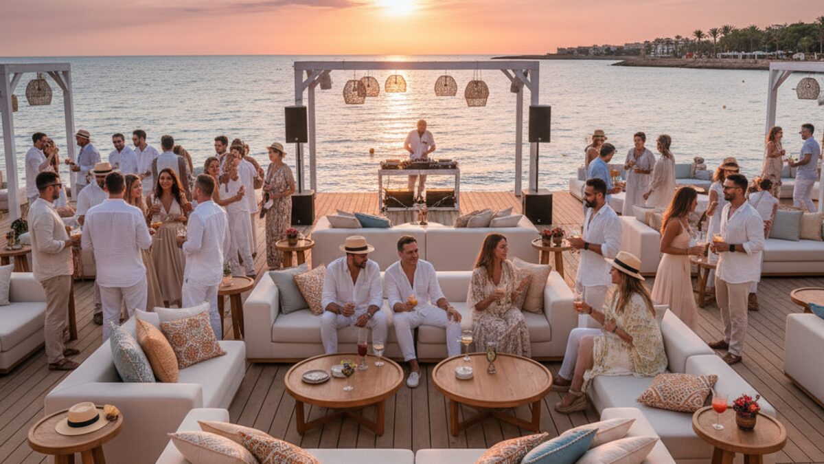 Purobeach Palma Beach Club mit eleganten Loungemöbeln und Gästen bei Sonnenuntergang über der Bucht von Palma während der Keep On Dancing Saisonabschlussfeier