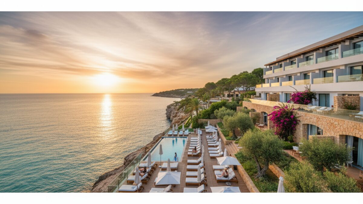 Das luxuriöse Purobeach Resort in Santa Ponça auf Mallorca mit mediterraner Architektur und Panoramablick über die Bucht.