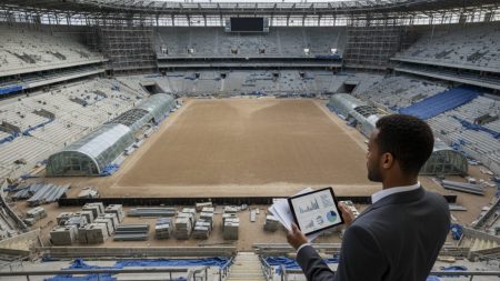 Das teilweise renovierte Fußballstadion des RCD Mallorca mit Baustellen und einem nachdenklichen Geschäftsperson vor Ort, die finanzielle Herausforderungen symbolisiert.