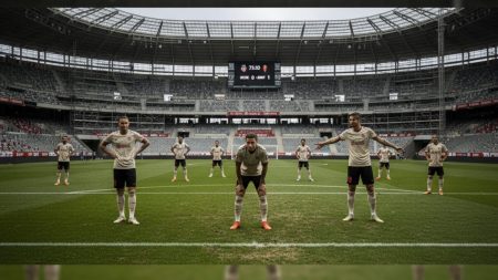 Fotorealistisches Bild eines Fußballstadions mit Verteidigungslinie des RCD Mallorca, die defensive Schwächen und Baustellen im Hintergrund zeigt