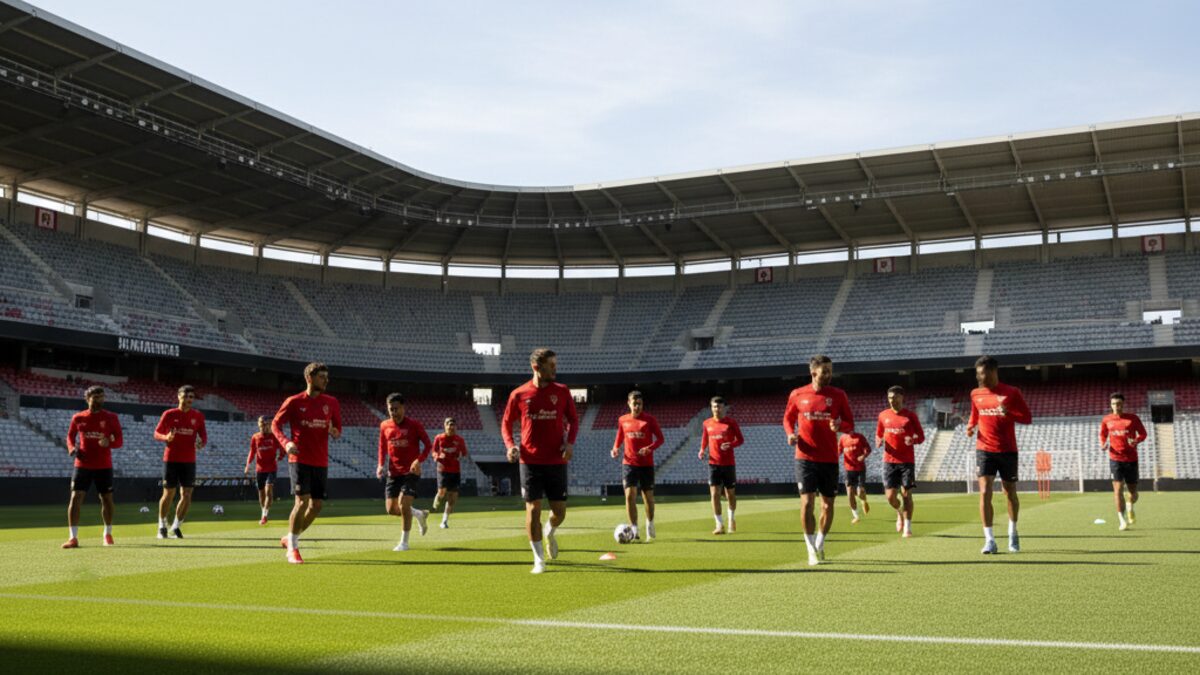 RCD Mallorca Fußballteam trainiert auf grünem Spielfeld im Stadion Son Moix bei klarem Himmel, zeigt Kampfgeist in schwieriger Saisonstartphase