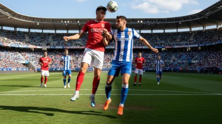 Intensives Fussballspiel zwischen Real Mallorca und Espanyol Barcelona mit Spielern im Zweikampf im Stadion