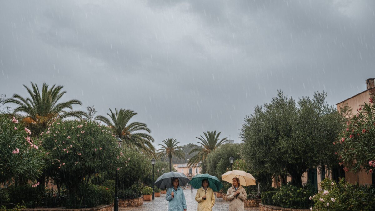 Realistisches Bild eines regnerischen Tages in Santa Ponsa auf Mallorca mit Menschen in Regenmänteln und Regenschirmen unter einer bewölkten, grauen Himmel