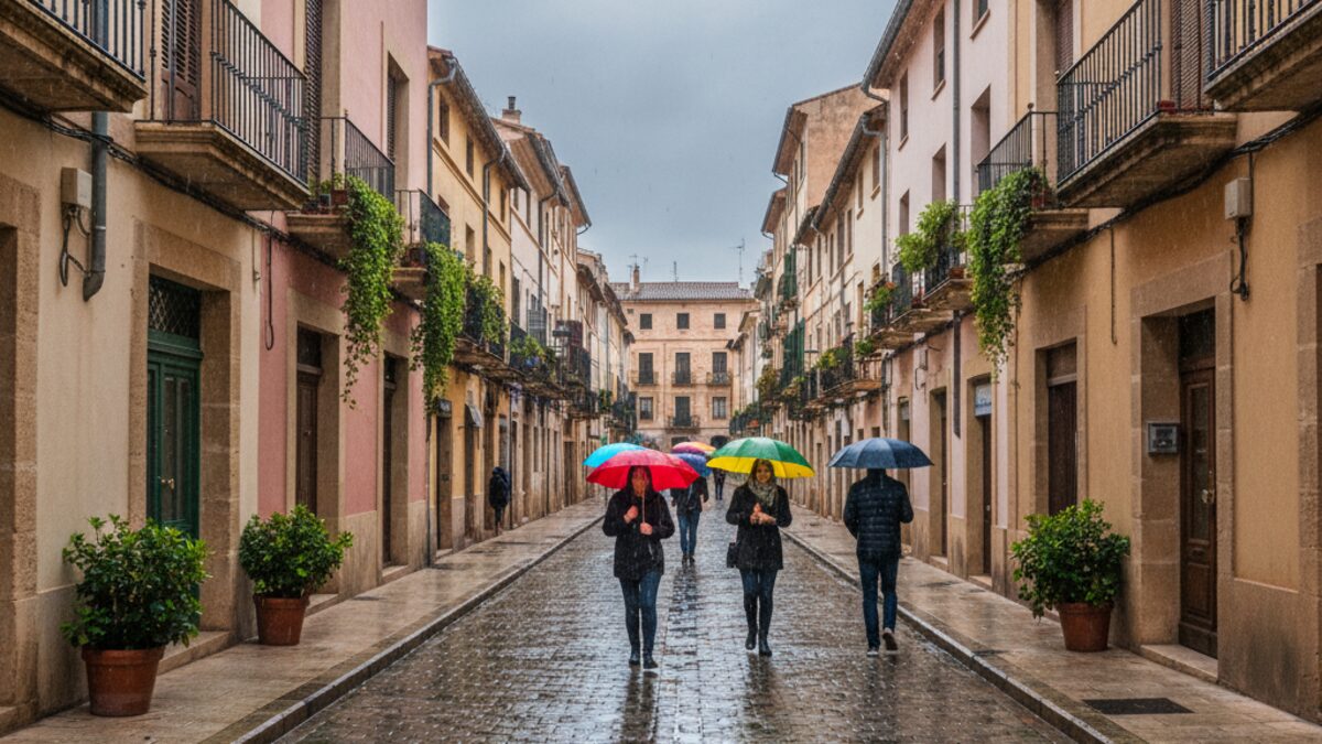 Regnerischer Tag auf Mallorca mit Menschen unter bunten Regenschirmen und feuchter Stadtlandschaft bei mildem Wetter