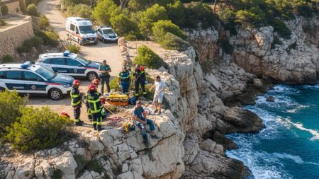 Rettungseinsatz an der Klippe in Bendinat mit Bauarbeiter, Helfer und Einsatzkräfte von Bombers de Mallorca, Guardia Civil und Polizei