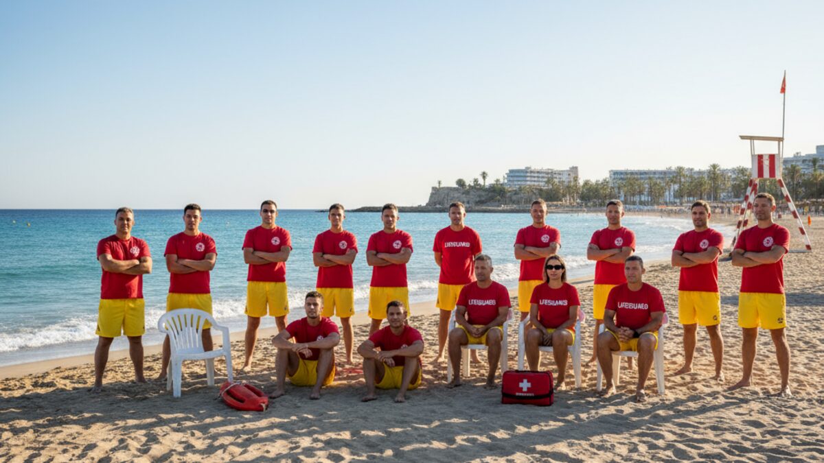 Lifeguards in red and yellow uniforms peacefully protesting on a sunny Mallorcan beach near resort areas, highlighting labor unrest