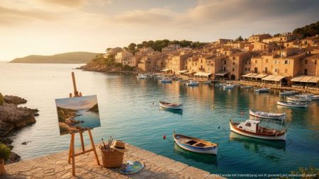 Robert Redford und seine besondere Verbindung zu Mallorca Mediterrane Küstenlandschaft eines kleinen Fischerdorfes auf Mallorca mit warmem Sonnenlicht und einem Künstleratelier am Meer, inspiriert von Robert Redfords langjähriger Verbindung zur Insel