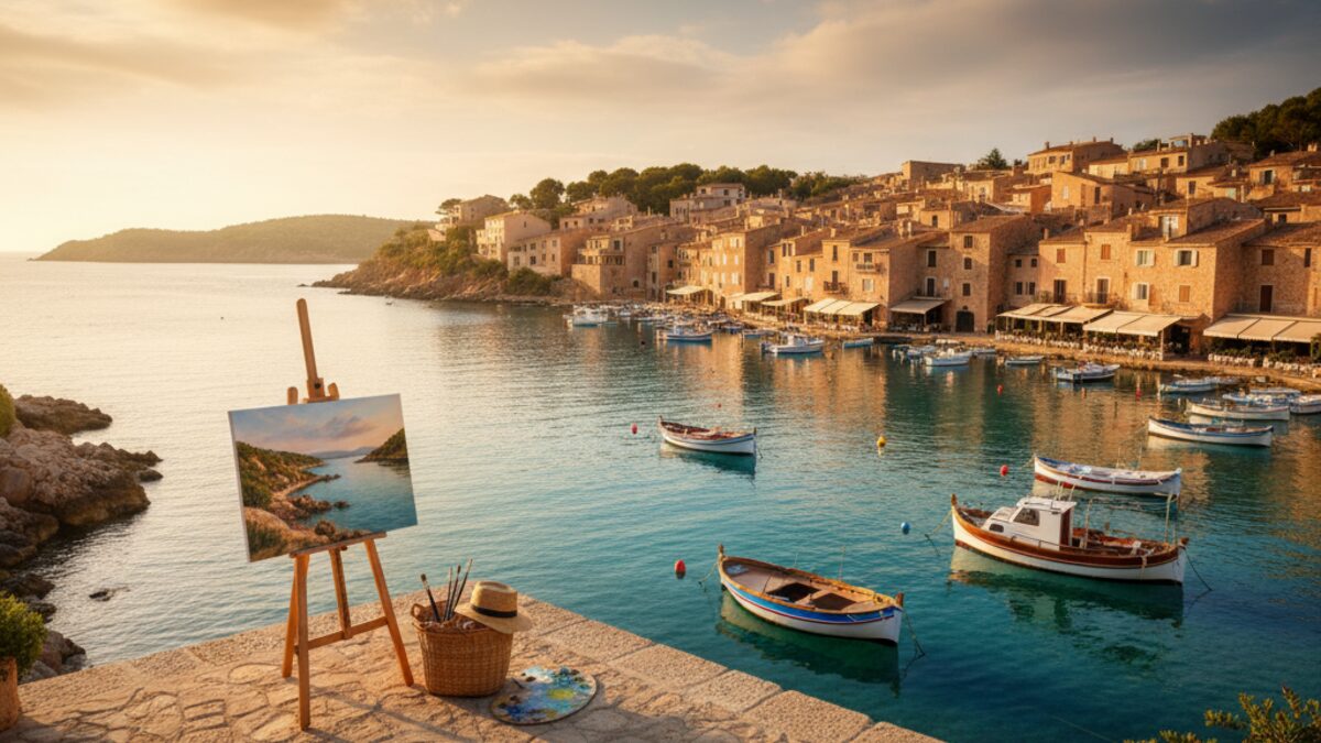 Mediterrane Küstenlandschaft eines kleinen Fischerdorfes auf Mallorca mit warmem Sonnenlicht und einem Künstleratelier am Meer, inspiriert von Robert Redfords langjähriger Verbindung zur Insel