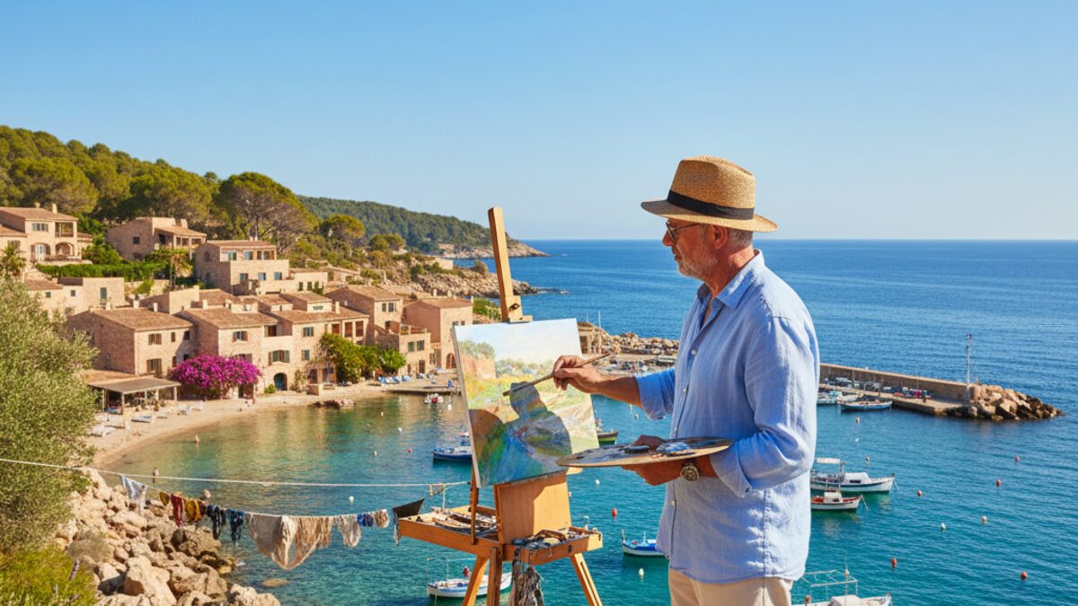 Ein Mann malt an der Küste von Mallorca, umgeben von mediterraner Landschaft mit Meerblick und kleinen Fischerdörfern.
