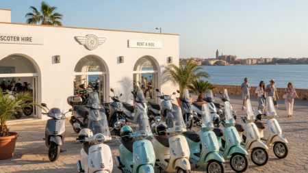 Verschiedene Roller zur Miete auf Mallorca in einem sonnigen Hafenbereich, die eine breite Auswahl an Modellen und Mietoptionen zeigen