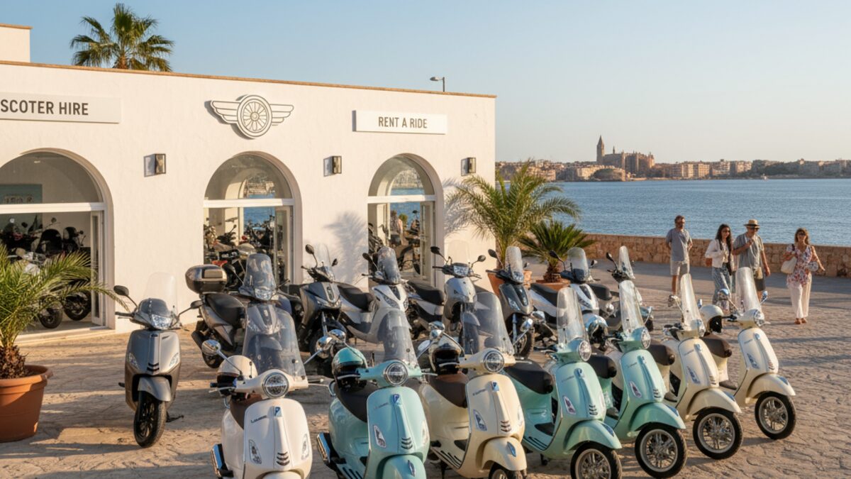 Verschiedene Roller zur Miete auf Mallorca in einem sonnigen Hafenbereich, die eine breite Auswahl an Modellen und Mietoptionen zeigen