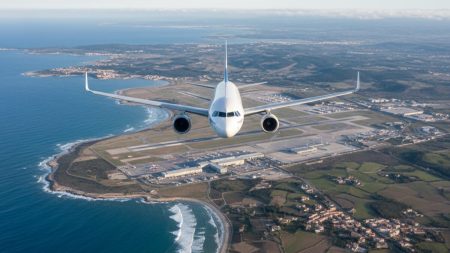 Ein Passagierflugzeug fliegt über Mallorca im Winter, symbolisiert den Rückgang des Winterflugprogramms