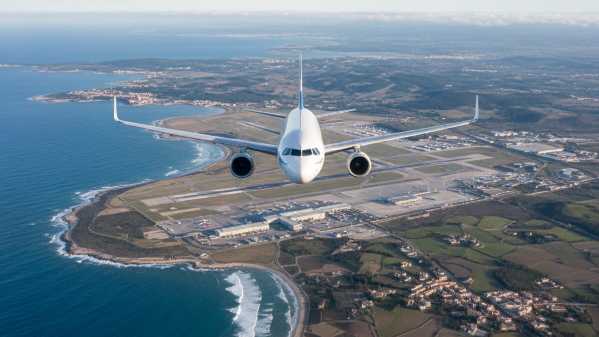 Ein Passagierflugzeug fliegt über Mallorca im Winter, symbolisiert den Rückgang des Winterflugprogramms