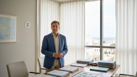 Porträt eines neutralen Regierungsmitarbeiters in einem modernen Büro auf den Balearen symbolisiert den Rücktritt von Antoni Mesquida Bauzà als Leiter der Funktionäre.