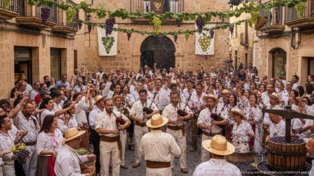 Sa Vermada in Binissalem feiert Tradition mit Wein und Gemeinschaft Sa Vermada Weinfest in Binissalem mit traditioneller Musik, Trauben und feiernder Gemeinschaft auf der Concepció Straße