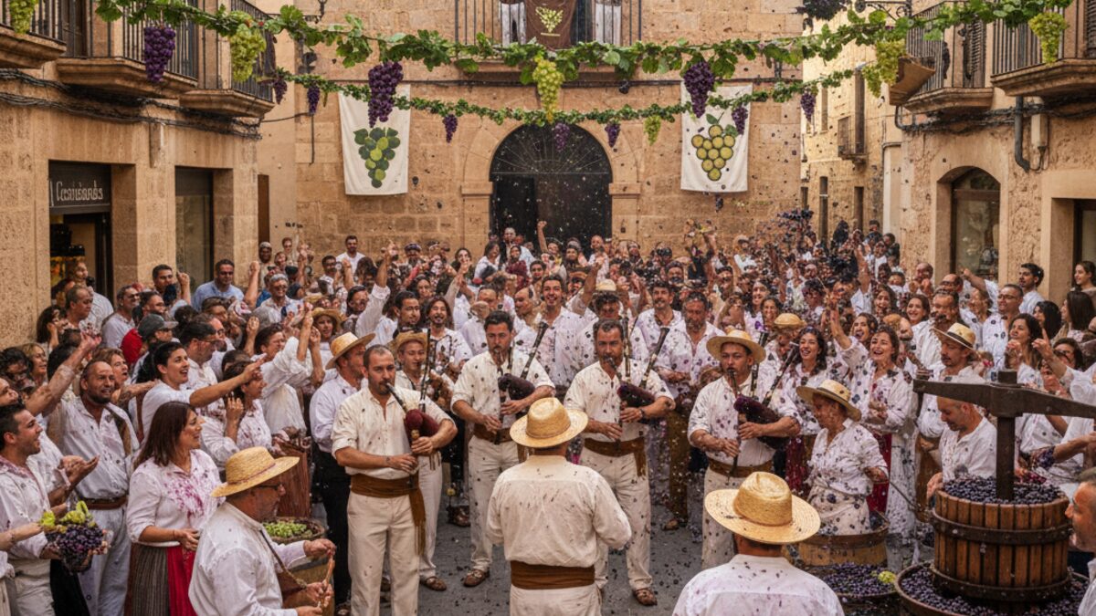 Sa Vermada Weinfest in Binissalem mit traditioneller Musik, Trauben und feiernder Gemeinschaft auf der Concepció Straße