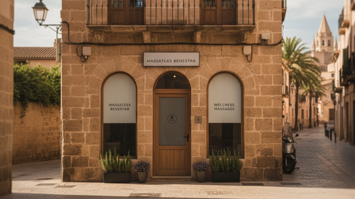 Außenansicht eines unauffälligen Massagesalons in Palma de Mallorca, symbolisch für aufgedeckten Sexhandel in Massage-Einrichtungen