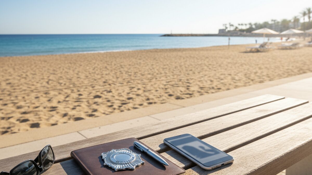 Symbolisches Bild zur polizeilichen Ermittlung eines sexuellen Übergriffs am Strand von Palma mit Polizeiutensilien auf einem Tisch vor Meereshintergrund