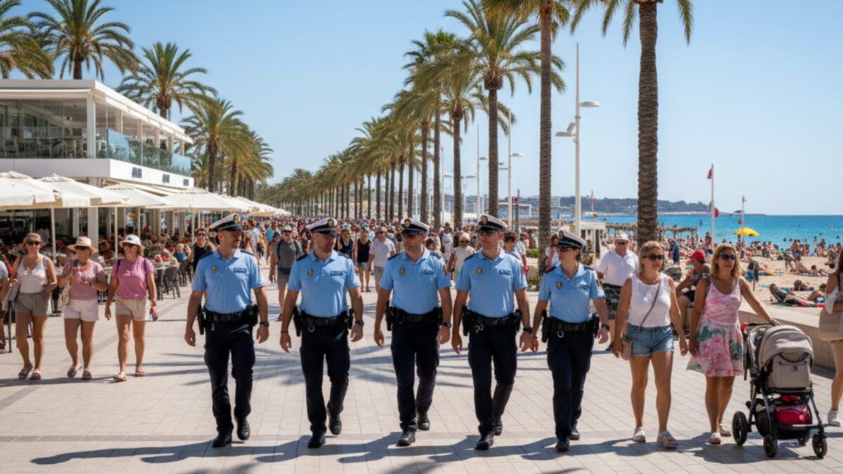 Polizeibeamte patrouillieren friedlich an der Playa de Palma mit Strandcafés und Palmen im Hintergrund, symbolisch für verbesserte Sicherheitslage