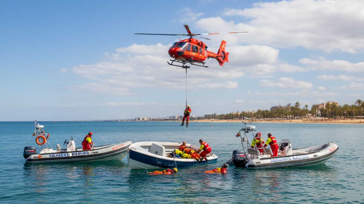 Rettungsübung vor Platja de Palma mit gekentertem Boot, Rettungskräften auf Booten, Hubschrauber und Polizeidrohne über dem Meer
