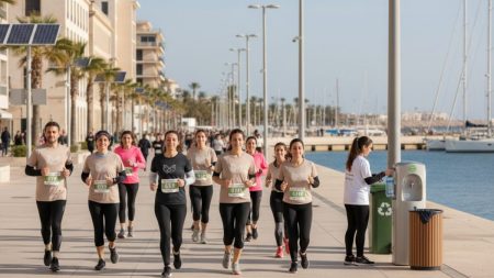 Teilnehmer eines Solidaritätslaufs am neu eröffneten Paseo Marítimo in Palma entlang des Hafens bei sonnigem Wetter
