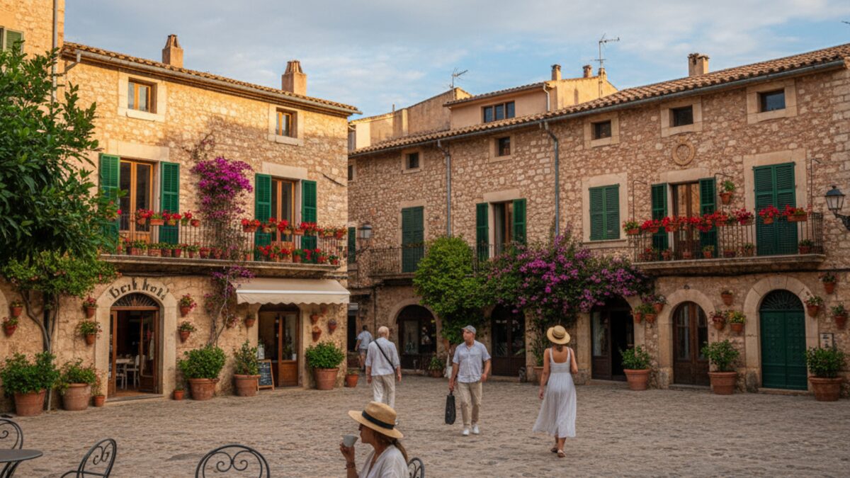 Mediterrane Stadtansicht von Sóller mit teilweise sonnigem Himmel und traditioneller Architektur bei mildem Frühlingstag