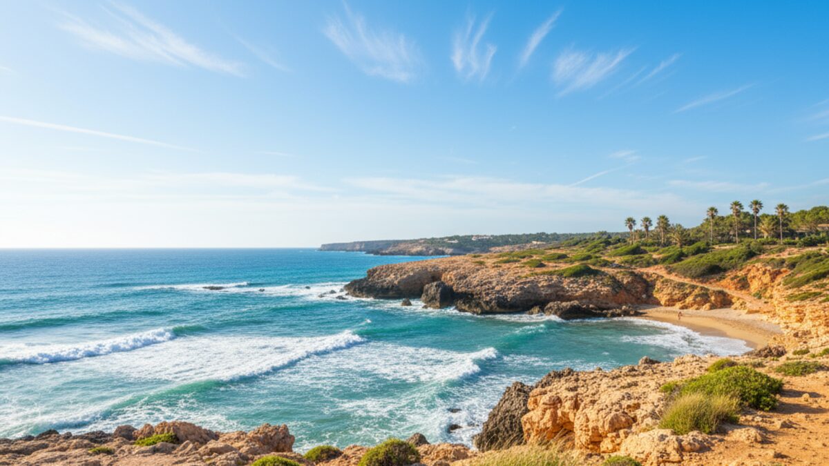 Sonniger Tag in Capdepera mit klarem Himmel, mediterraner Küstenlandschaft und angenehmen Temperaturen ideal für Aktivitäten im Freien
