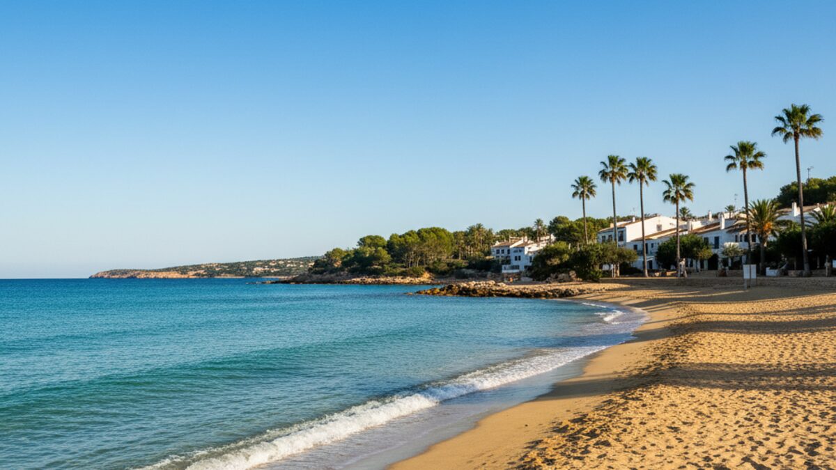Sonniger Strand auf Mallorca mit blauem Himmel und mildem Wind am 15. September 2025