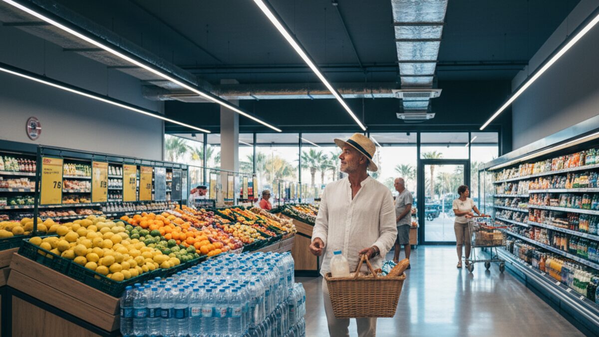 Ein Supermarkt auf Mallorca mit einem Einkäufer im Strohhut an einem heißen Sonntag, der in der klimatisierten Umgebung frische Lebensmittel und Wasser kauft.