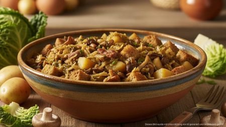 Sopas Mallorquinas: Mallorcas unbekanntes kulinarisches Geheimnis Traditionelles Sopas Mallorquinas Ragout mit Gemüse, Kartoffeln, Schweinefleisch und Brot in einem rustikalen Keramikschüssel auf einem Holztisch.