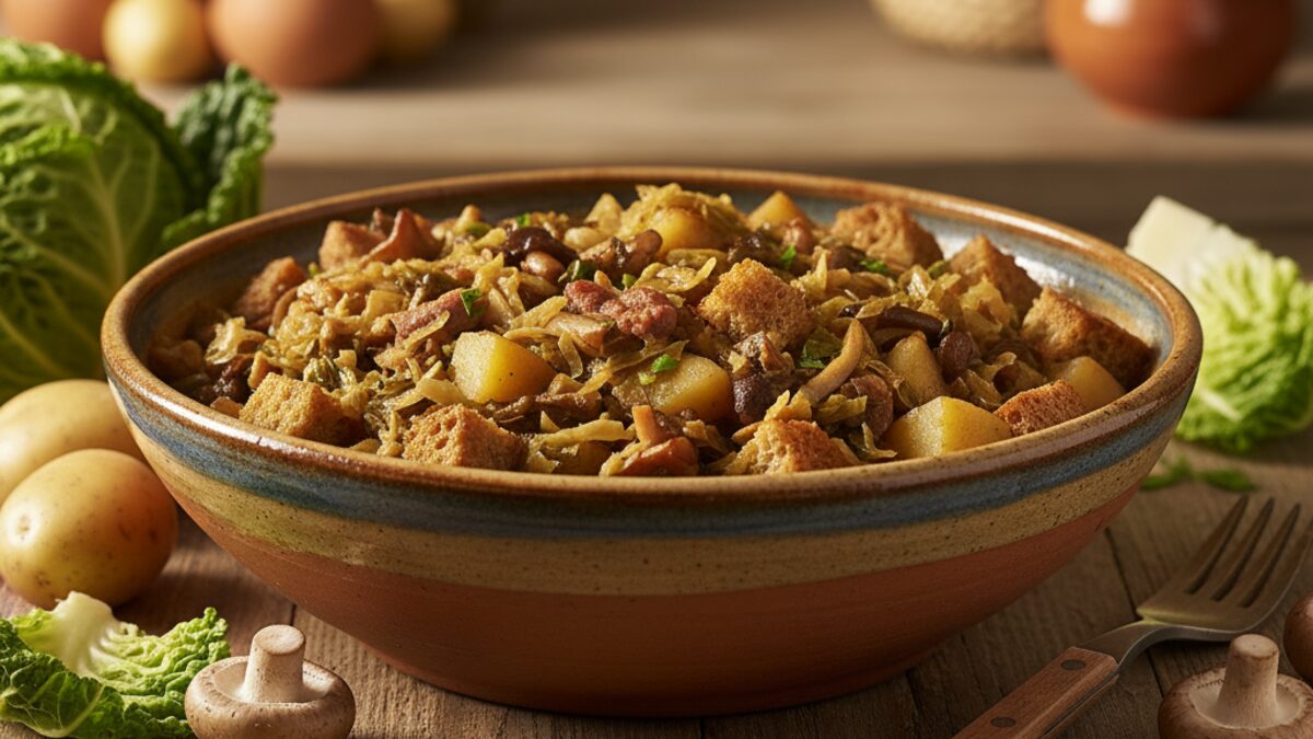 Traditionelles Sopas Mallorquinas Ragout mit Gemüse, Kartoffeln, Schweinefleisch und Brot in einem rustikalen Keramikschüssel auf einem Holztisch.