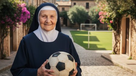 Porträt von Sor Serafina, einer fußballbegeisterten Nonne aus Mallorca mit einem Fußball in den Händen vor einem sonnigen Dorfhintergrund