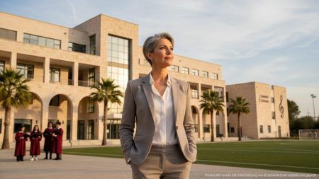 Porträt einer würdevollen, nachdenklichen Frau vor dem Schulgebäude von Santa Mónica auf Mallorca, symbolisch für Bildung und Engagement